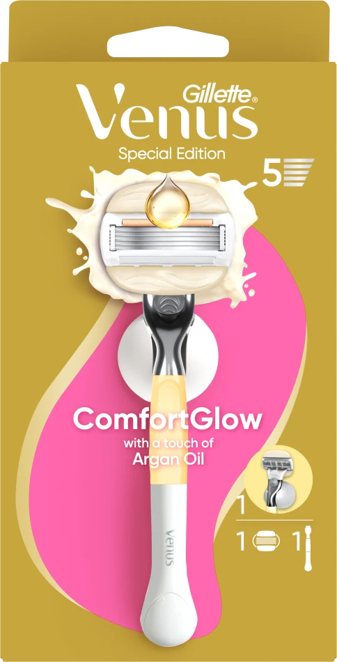 Gillette Venus ComfortGlow Argan Oil Skustuvas, 1 Keičiamos Skustuvo Galvutės, Sieninis Laikiklis