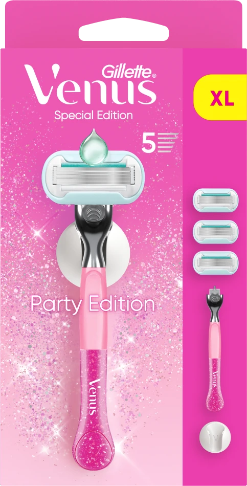 Gillette Venus Party Edition skustuvas, 3 keičiamos skustuvo galvutės, sieninis laikiklis