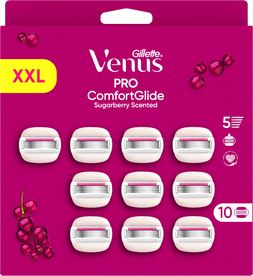 Gillette Venus Pro Comfortglide Sugarberry keičiamos skustuvo galvutės, 10 vnt.