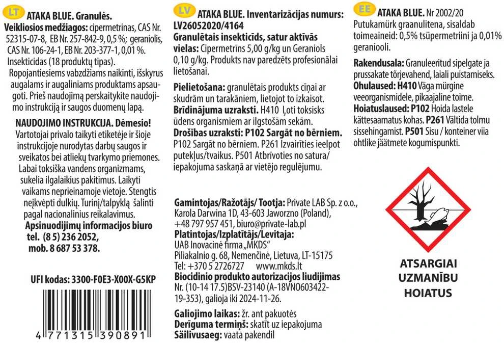 Mkds Granulės skruzdėms ir visiems ropojantiems naikinti ATAKA Mėlynas, 900 g