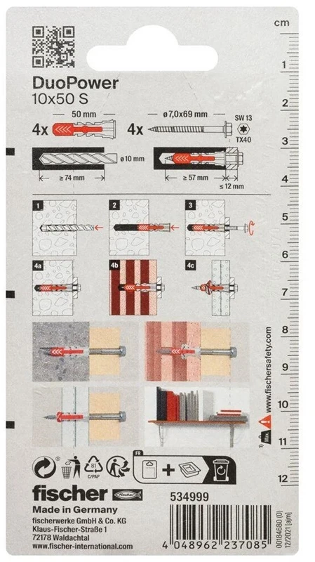 Grąžtas Kaištis Fischer DuoPower, varžtiniai, 10 mm x 50 mm, 4 vnt.