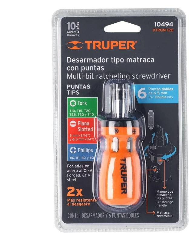 Grąžtas Truper terkšlinis mini atsuktuvas, 6 dvipusiai antgaliai, blisteris.