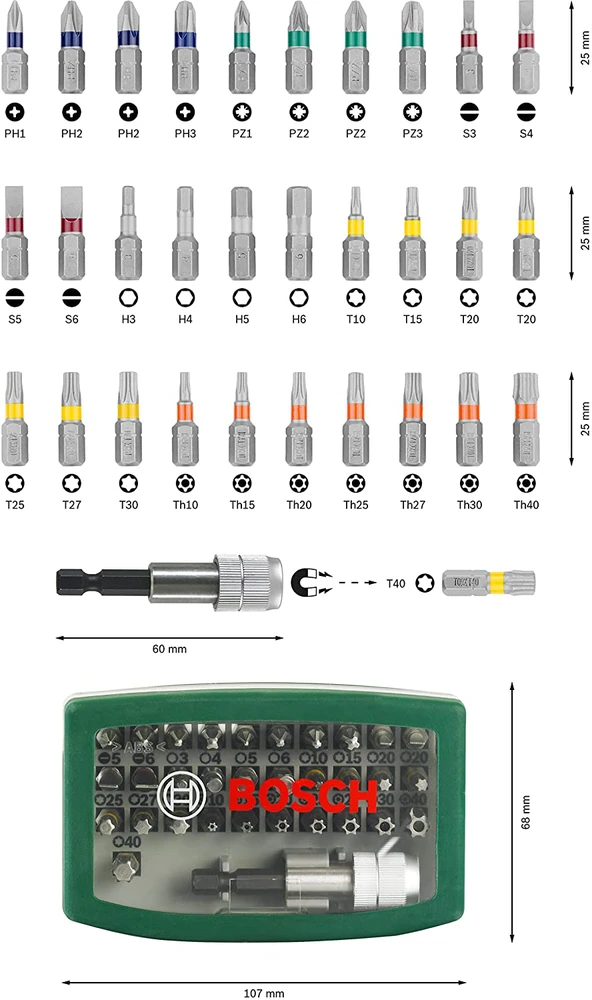 Grąžtas Atsuktuvų antgalių komplektas Bosch 2607017063, T25, 130 mm
