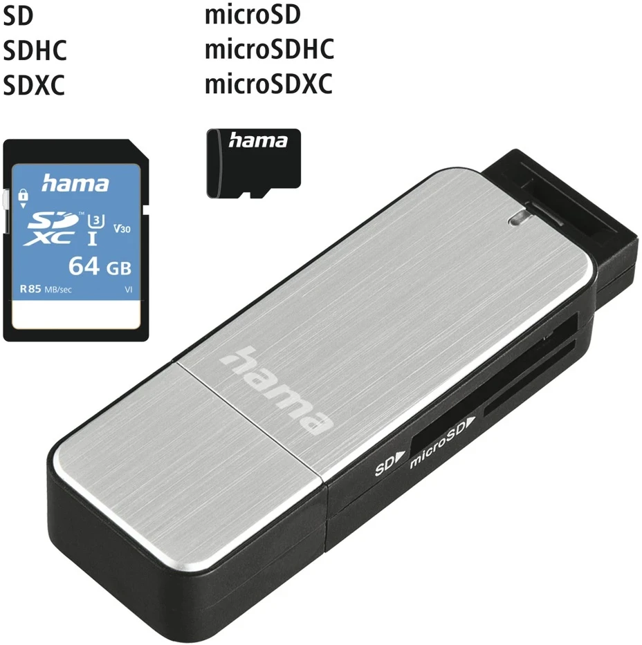HAMA USB 3.0 Card Reader SD/Micro SD aliuminio sidabrinis