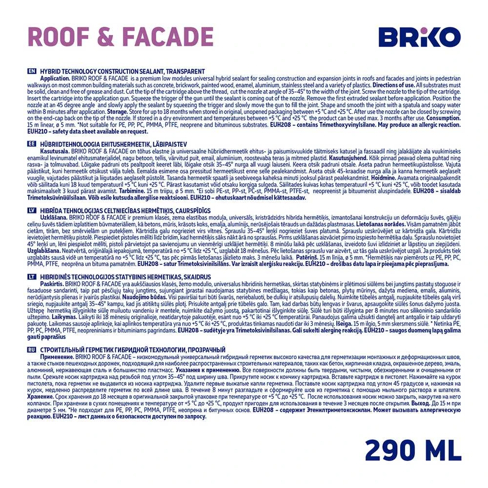 Hermetikas Briko stogui ir fasadui, 0,29 l, permatomos spalvos.
