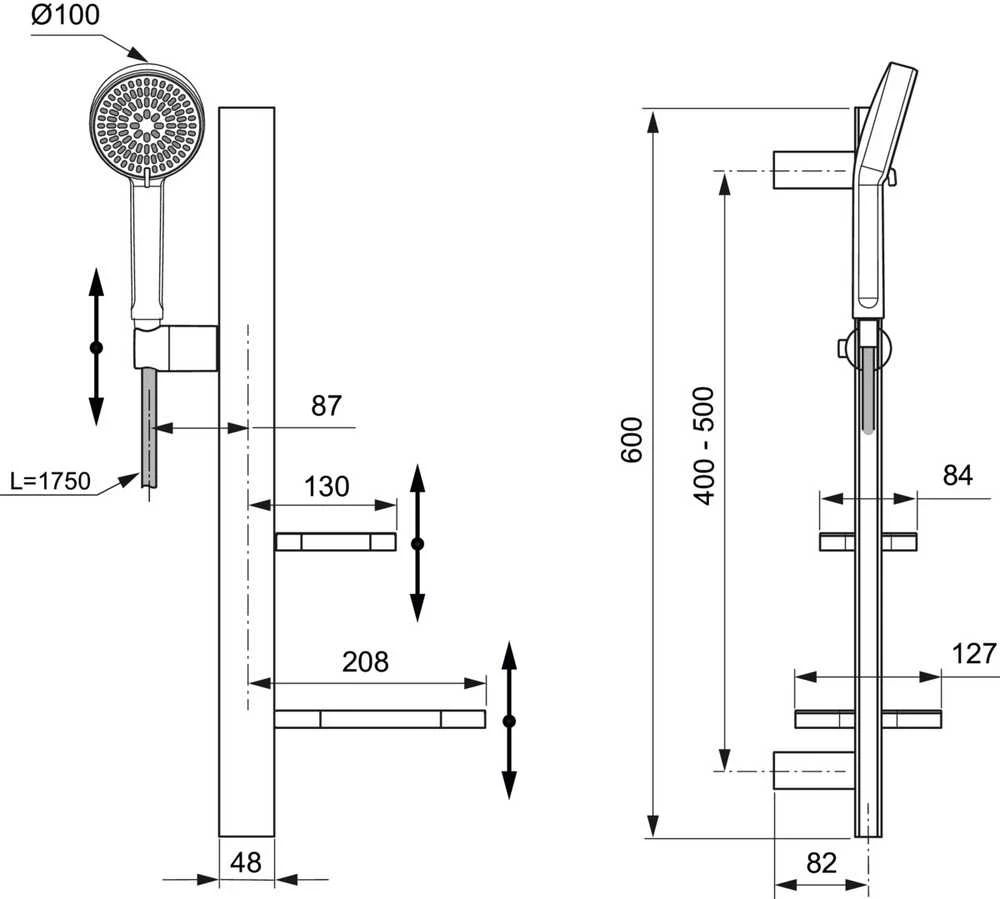 Ideal Standard dušas komplekts IIdealrain Alu+, 600/1750 mm, sidabrinis