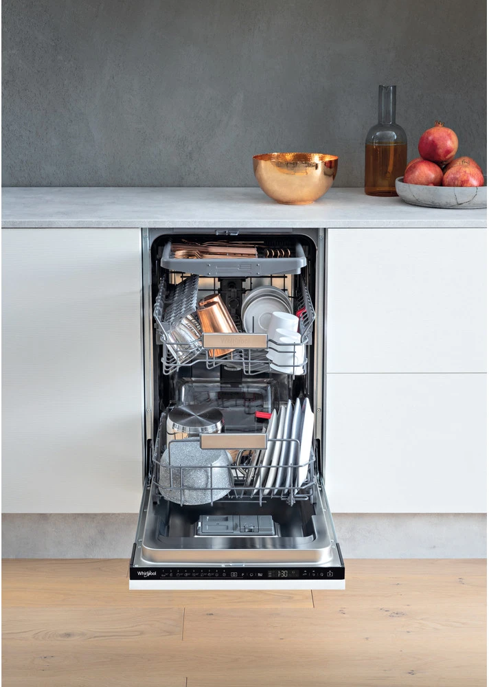 WHIRLPOOL Indaplovė WSIP4O33PFE, D energijos klasė (senas A+++), 45 cm, Powerclean PRO, Trečias krepšelis, 9 programos