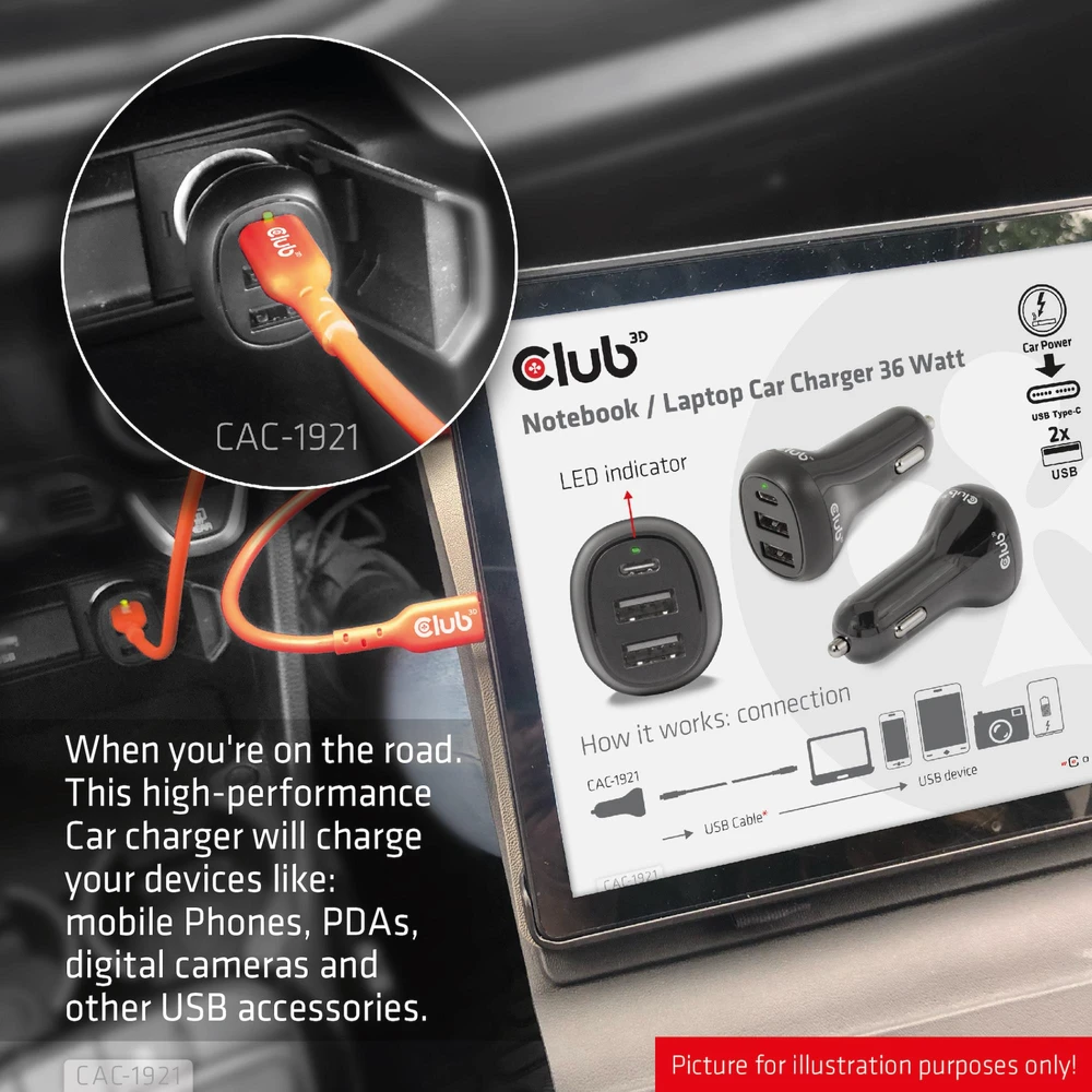 Įkroviklis Club 3D Club3D automobilinis įkroviklis nešiojamiesiems kompiuteriams 36W, 3 prievadai (2xUSB-A + USB-C)