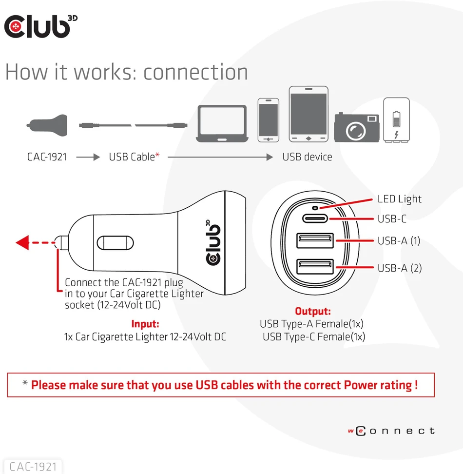Įkroviklis Club 3D Club3D automobilinis įkroviklis nešiojamiesiems kompiuteriams 36W, 3 prievadai (2xUSB-A + USB-C)