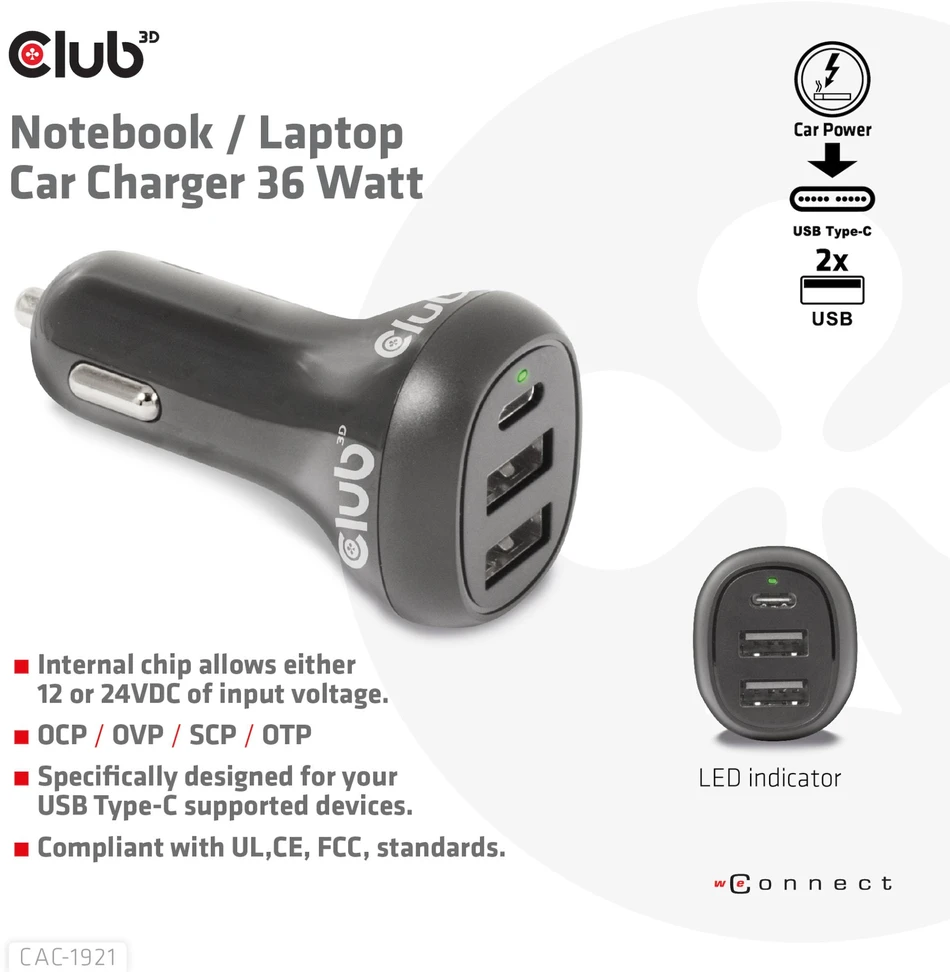Įkroviklis Club 3D Club3D automobilinis įkroviklis nešiojamiesiems kompiuteriams 36W, 3 prievadai (2xUSB-A + USB-C)