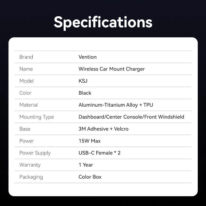Įkroviklis Vention MOBILE CHARGER CAR MAGNETIC/WRL Juodas KSJB0 VENTION
