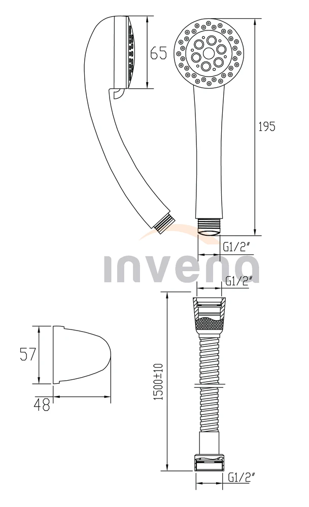Dušo komplektas INVENA MINI KLIO: dušo galvutė, laikiklis ir dušo žarna, 150 cm;