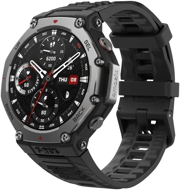 Išmanusis laikrodis Amazfit T-Rex 3, Nerudijančio plieno korpusas su onikso spalvos silikoniniu dirželiu