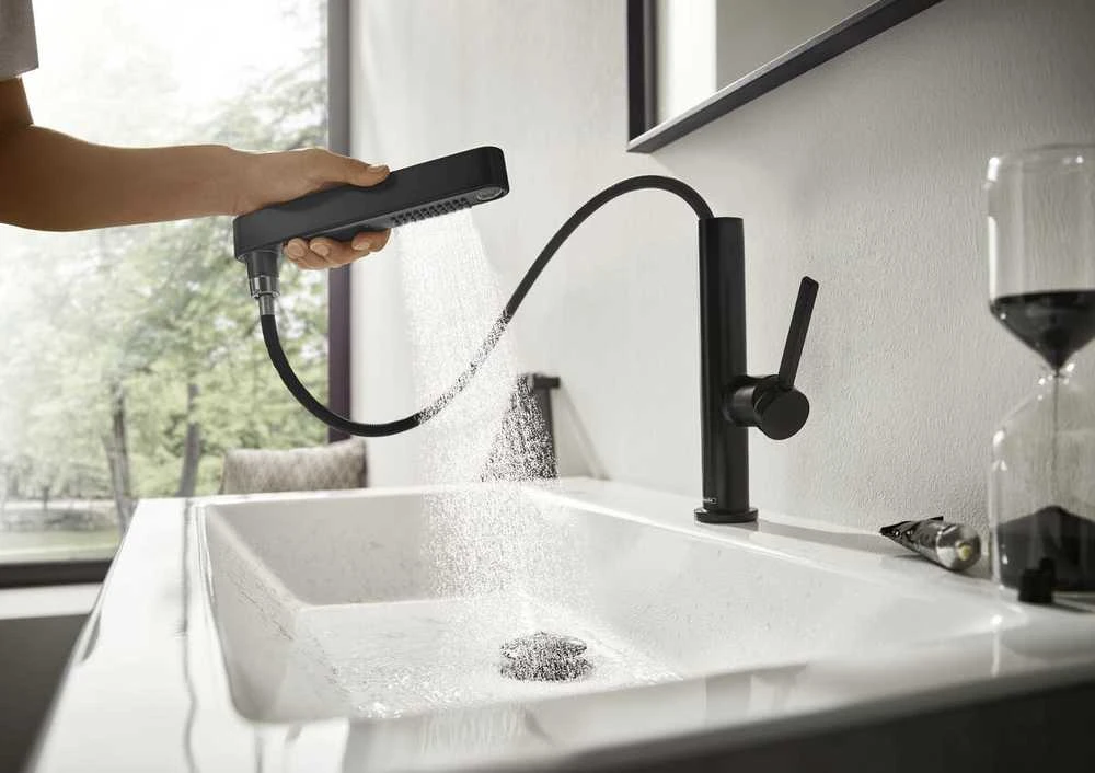 Praustuvo maišytuvas su ištraukiamu purkštuvu Hansgrohe Finoris 76063670, juodas matinis