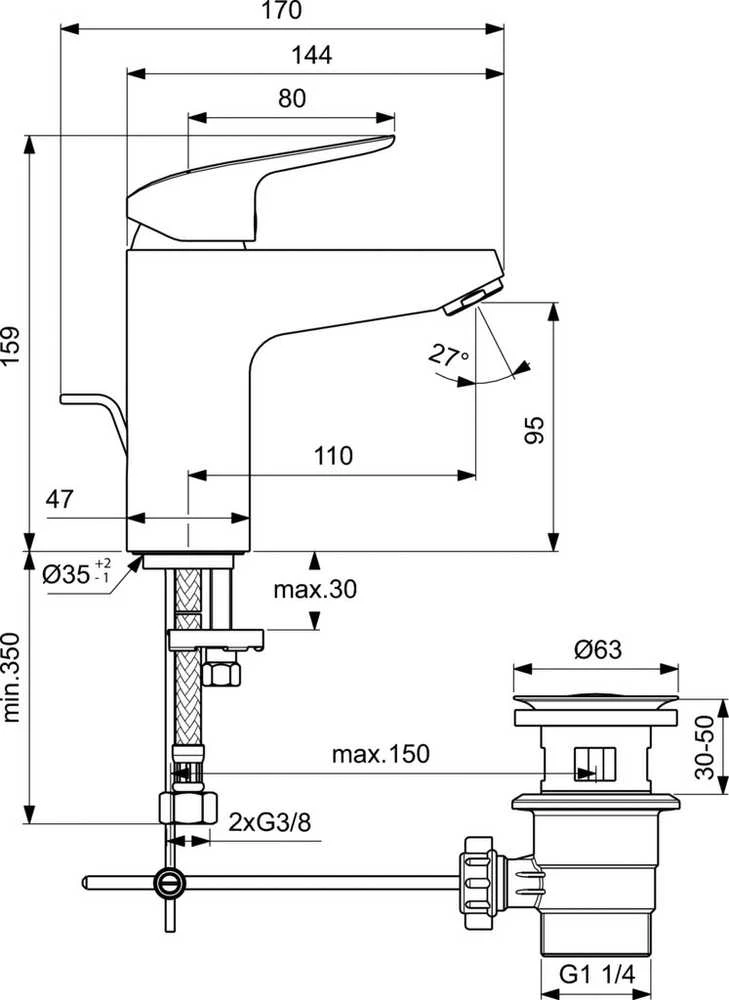 Ideal Standard „Ceraflex Grande“ kriauklės maišytuvas su iššokančiu dangčiu, chromuotas