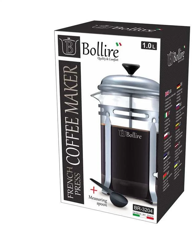 Kafijas kanna French Press Bollire BR-3204, 1 l, caurspīdīga krās./hroma krās.