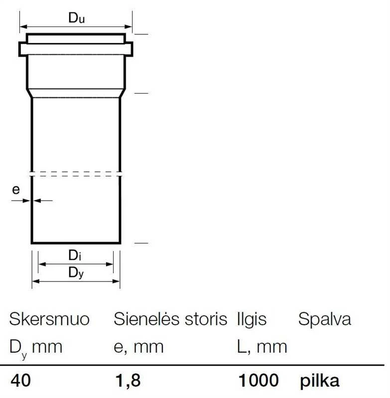 Vidaus kanalizacijos PP vamzdis Wavin, Ø 40 mm, 1 m