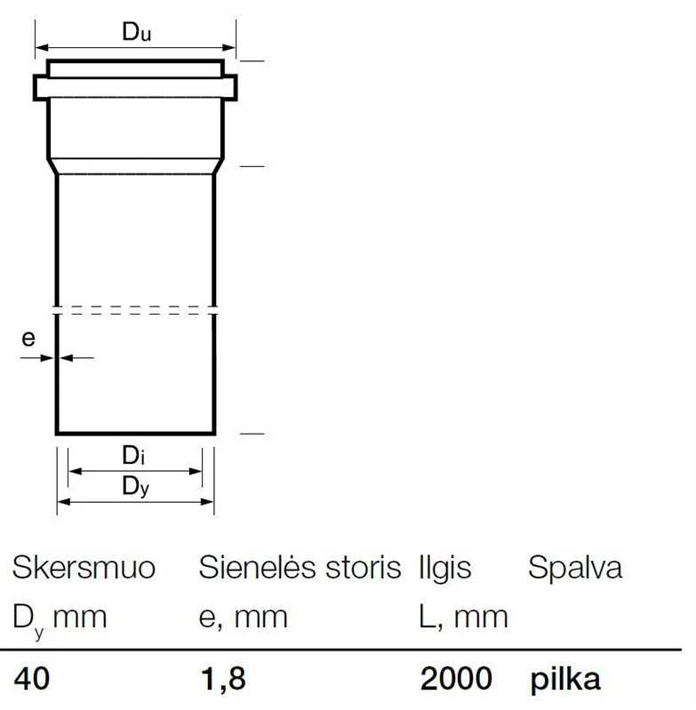 Vidaus kanalizacijos PP vamzdis Wavin, Ø 40 mm, 2 m