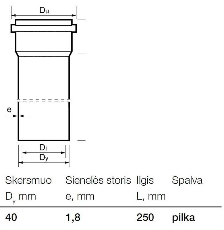 Vidaus kanalizacijos PP vamzdis Wavin, Ø 40 mm, 0,25 m