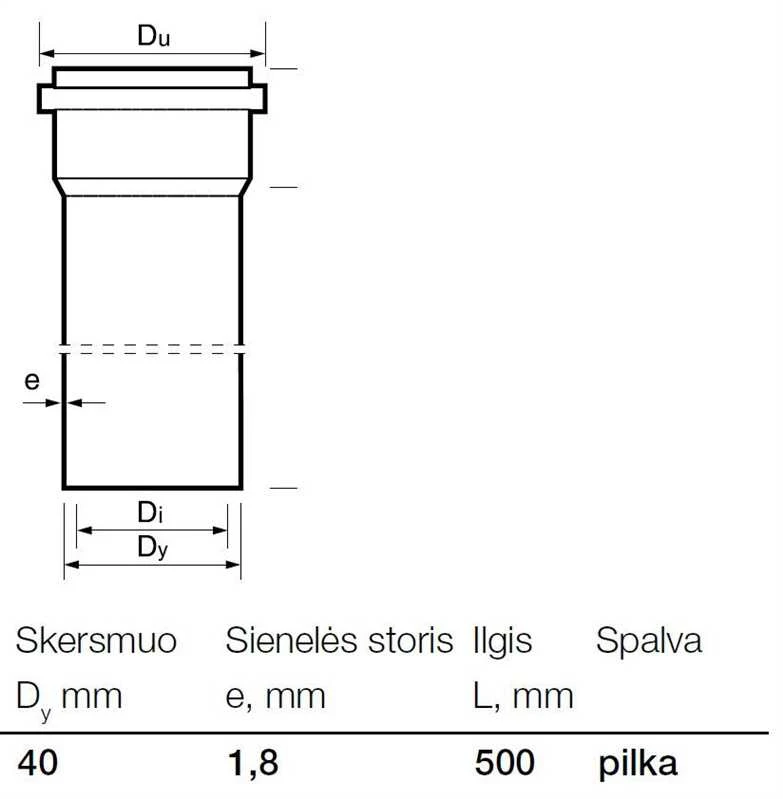 Vidaus kanalizacijos PP vamzdis Wavin, Ø 40 mm, 0,5 m