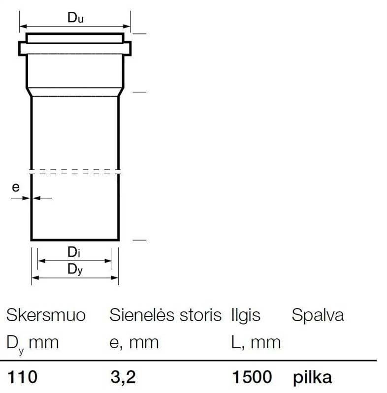 Vidaus kanalizacijos PVC vamzdis Wavin, Ø 110 mm, 1,5 m