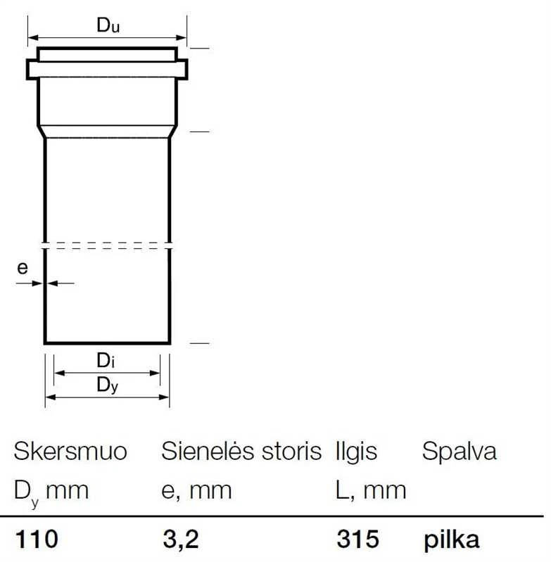 Vidaus kanalizacijos PVC vamzdis Wavin, Ø 110 mm, 0,315 m