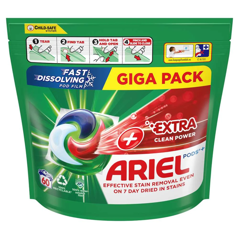 Skalbimo kapsulės Ariel Extra Clean, 60vnt