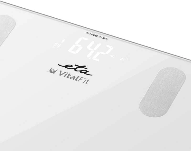 Virtuvinės svarstyklės ETA | Išmanios asmeninės svarstyklės | Vital Fit ETA678190000 | Kūno analizatorius | Didžiausias svoris (keliamoji galia) 180 kg | Tikslumas 100 g | Kūno masės indekso (KMI) matavimas | Baltas