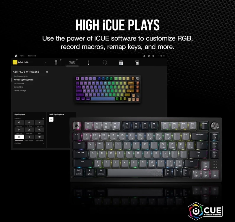 CORSAIR K65 Plus Belaidė mechaninė klaviatūra RGB LED pašvietimas Corsair MX Raudona