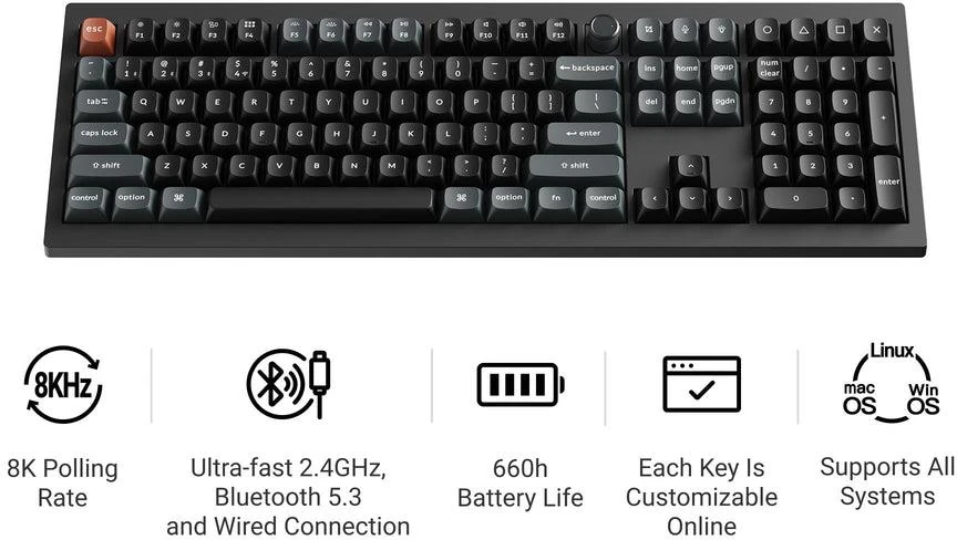 Keychron V6 Ultra Wireless (V6U-D1) - US išdėstymas - Hot-Swappable Silk POM Raudona - Juodas (Juoda) Mechaninė Belaidė Žaidimų Klaviatūra