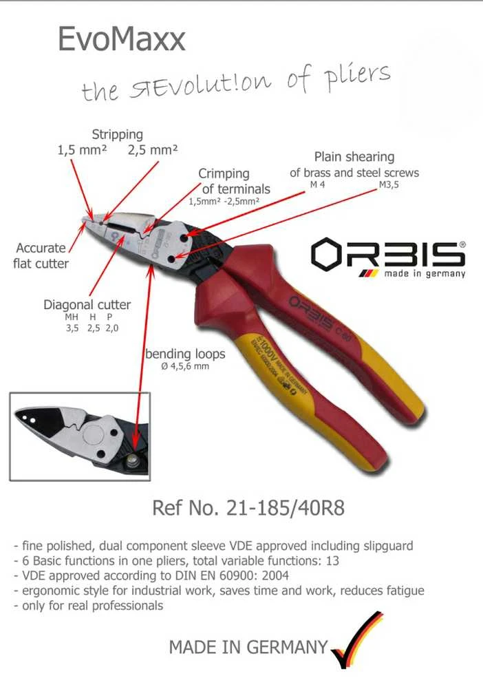„Unbekannt Orbis Evomaxx 21-185/40RV C60 VDE“ šoniniai pjaustytuvai, 180 mm. Šoniniai pjaustytuvai – būtinas universalus panaudojimas; plona galvutė, skirta naudoti sunkiai prieinamose vietose, kampuoti, kalti, VDE; Plona galvutė, skirta naudoti sunkiai prieinamose vietose.