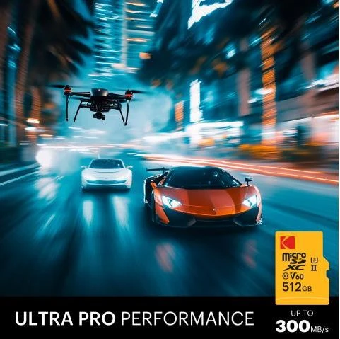Kodak Ultra Pro Micro SD kortelė su automobilių ir drono vaizdu