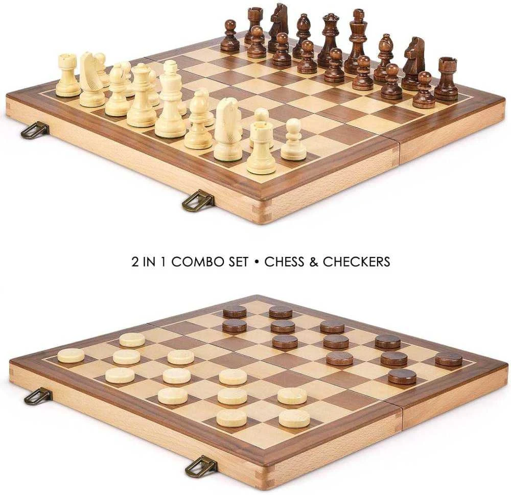Medinis magnetinis šachmatų ir šaškių rinkinys THOMS Gold Knight 2 viename, 15″