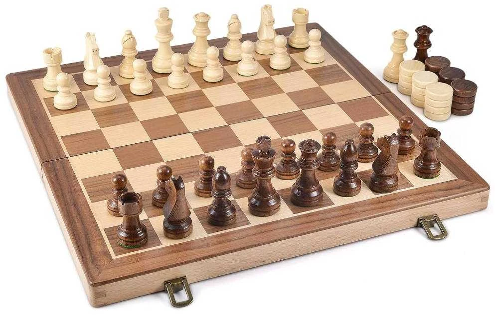 Medinis magnetinis šachmatų ir šaškių rinkinys THOMS Gold Knight 2 viename, 15″