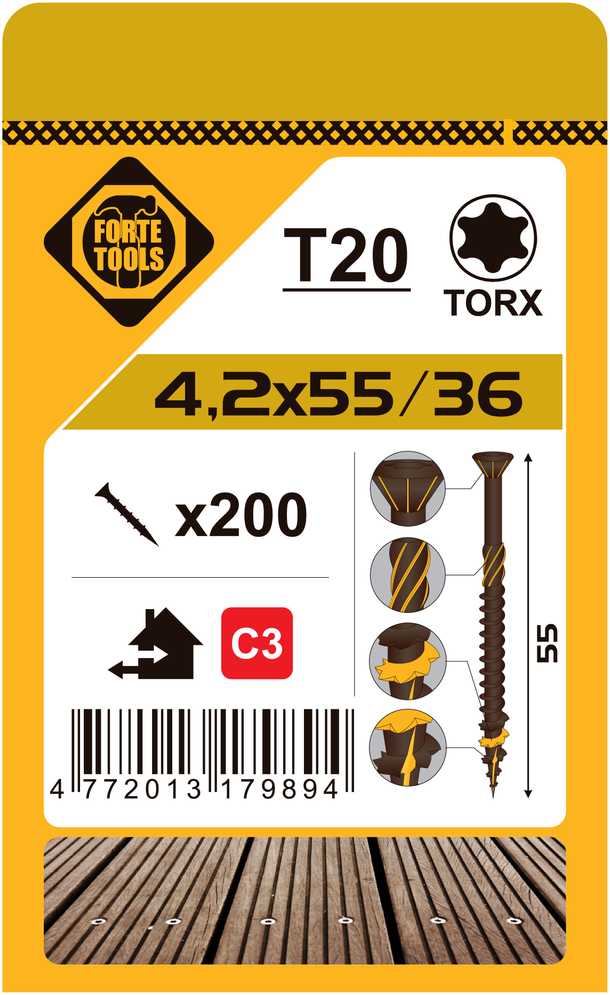 Grąžtas Forte Tools Forte_Tools Terasų medsraigčiai 4,2 x 55, ruspert, rudi, 200 vnt.