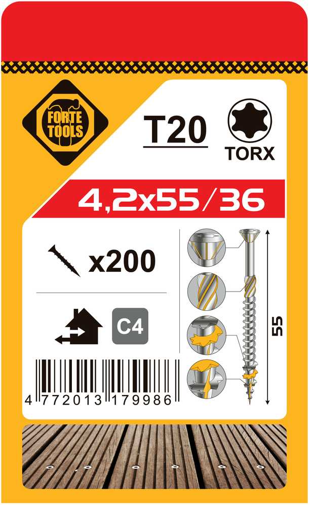 Grąžtas Forte Tools Forte_Tools Terasų medsraigčiai 4,2 x 55 mm, A2, 200 vnt.