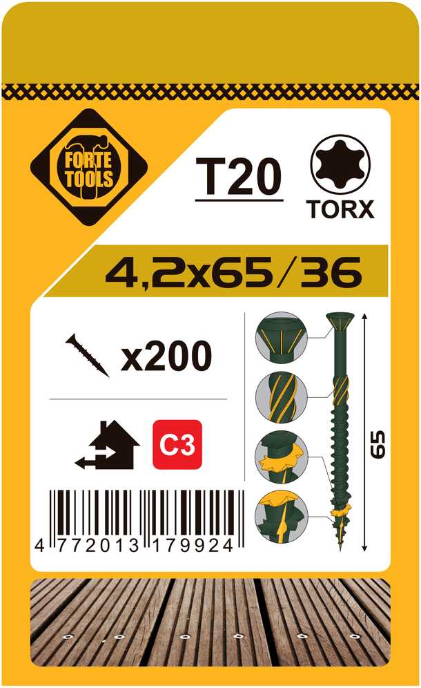 Grąžtas Forte Tools Forte_Tools Terasų medsraigčiai 4,2 x 65 mm, ruspert, žali, 200 vnt.