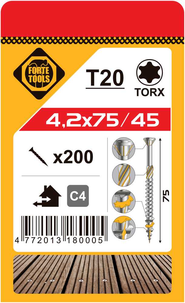 Grąžtas Forte Tools Forte_Tools Terasų medsraigčiai 4,2 x 75 mm, A2, 200 vnt.