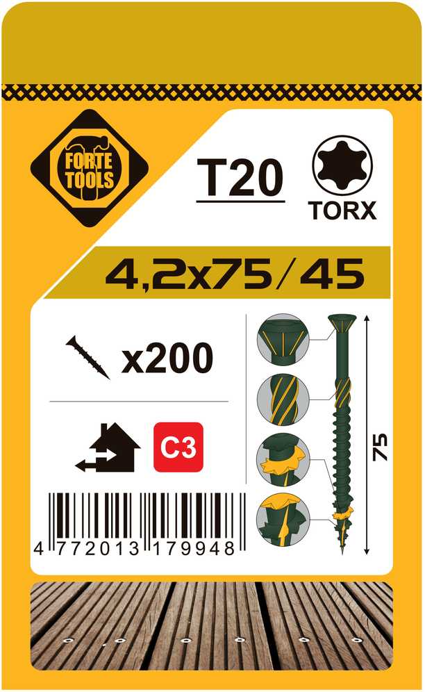 Grąžtas Forte Tools Forte_Tools Terasų medsraigčiai 4,2 x 75 mm, ruspert, žali, 200 vnt.