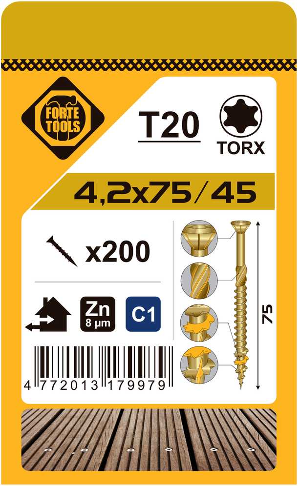 Forte Tools Forte_Tools Terasų medsraigčiai 4,2 x 75 mm, ZN, geltoni, 200 vnt.