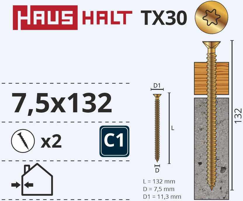 Inkariniai staktų varžtai Haushalt, 7,5 x 132 mm, 2 vnt.