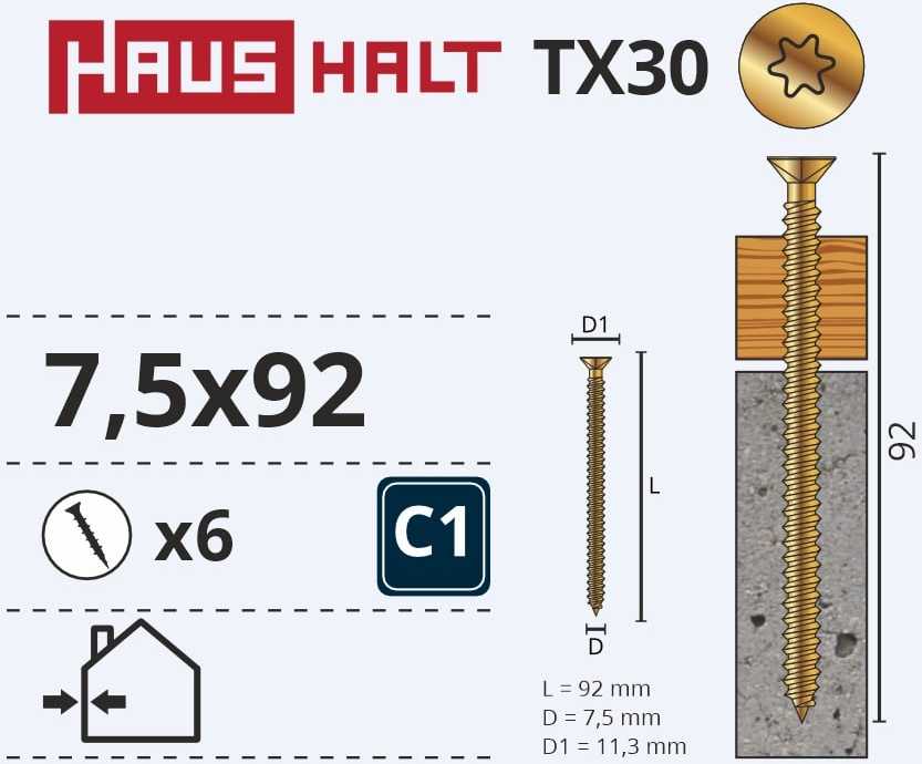Inkariniai staktų varžtai Haushalt, 7,5 x 92 mm, 6 vnt.