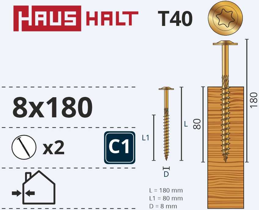 Medsraigčiai Haushalt, 8x180/80 mm, ZN, T40, 2 vnt.