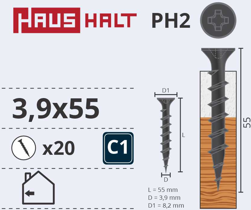 Haushalt Sourcing DRYWALL SCREW FOR WOOD 3.9X55 20PCS O1