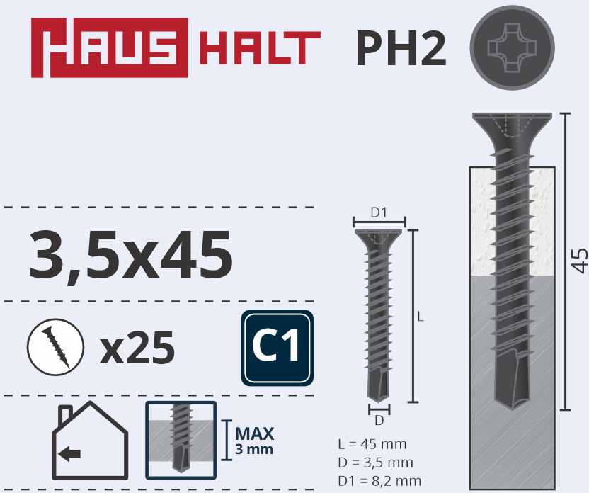 Medsraigčiai Haushalt, 3,5 x 45 mm, PH2, 25 vnt.
