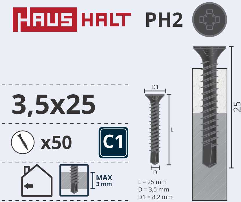 Haushalt „Memorysolution“ gipso kartono sriegis 3,5x25 su spyruoklėmis, 50 vnt., O1