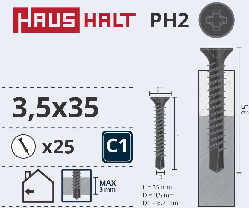 Haushalt „Memorysolution“ gipso kartono sraigtasparnis 3,5x35 su gręžimo angomis, 25 vnt., O1