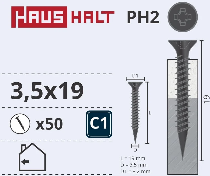 Medsraigčiai Haushalt, 3,5 x 19 mm, PH2, 50 vnt.