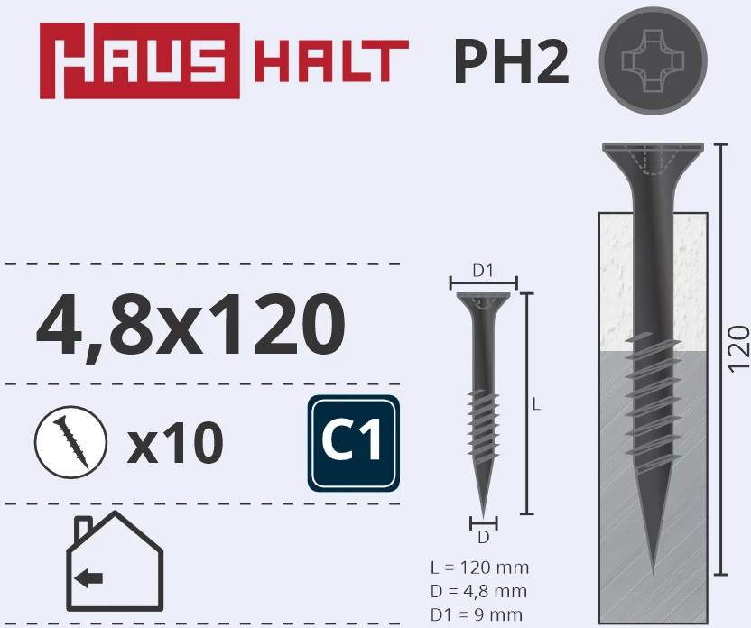 Medsraigčiai Haushalt, 4,8 x 120 mm, PH2, 10 vnt.