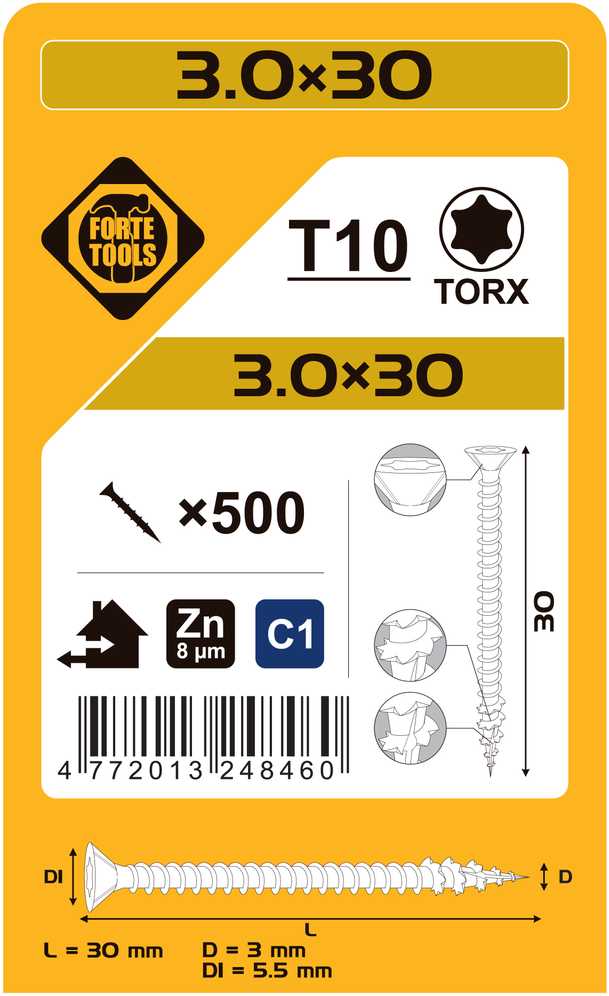 Forte_Tools Įrankiai FORTE TOOLS, 3×30 mm, ZN, TX10, 500 vnt.